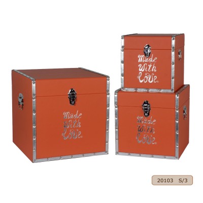 Decorative Wooden Trunks Storage Boxes Sets with Pressed Logo PU Leather Surface