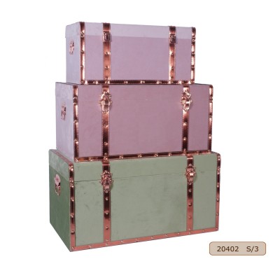 Vintage Wooden Trunks Storage Boxes Sets with Velvet Surface and Decorative Rose Gold PU Leather Belts